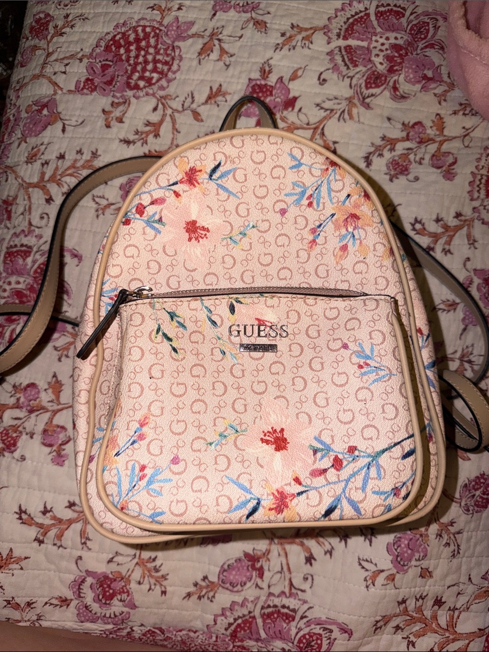 GUESS Peach Floral Logo Mini Backpack